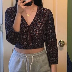 American Eagle Black Floral Crop Top